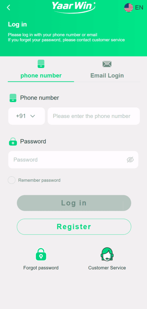YaarWin Login Screen
