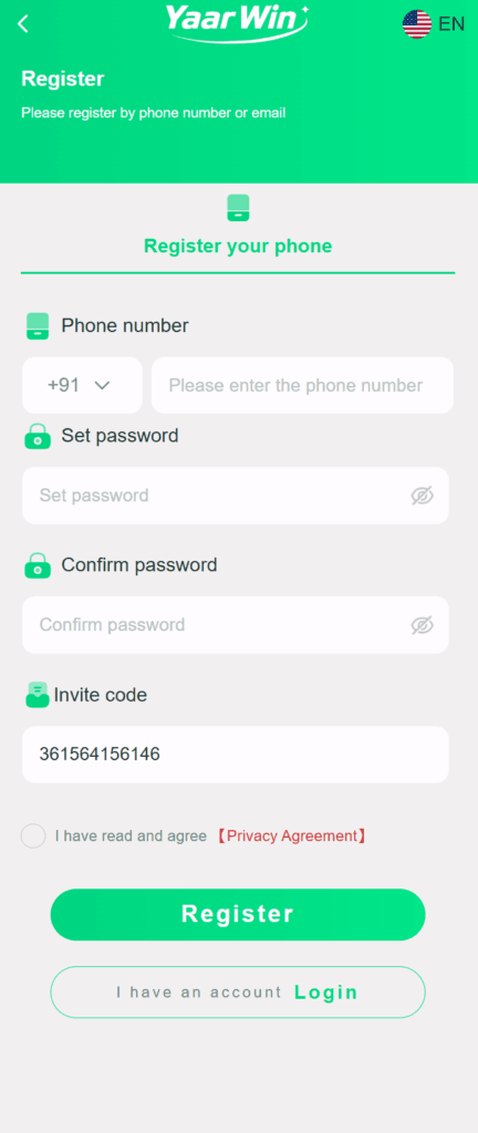 YaarWin Register Screen